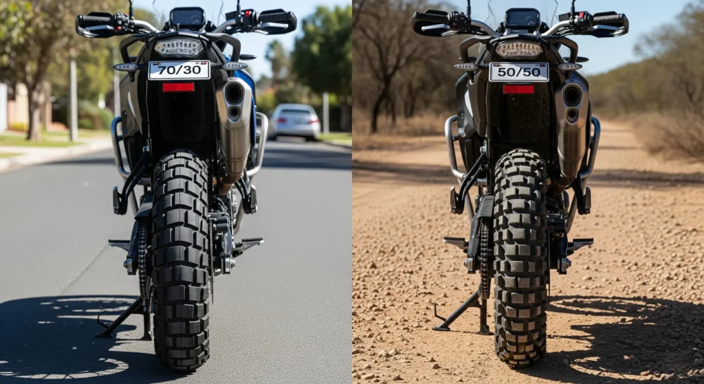 Comparativa neumáticos trail 70/30 vs 50/50: rueda trasera 70/30 en asfalto (izquierda) y 50/50 en pista de grava (derecha).