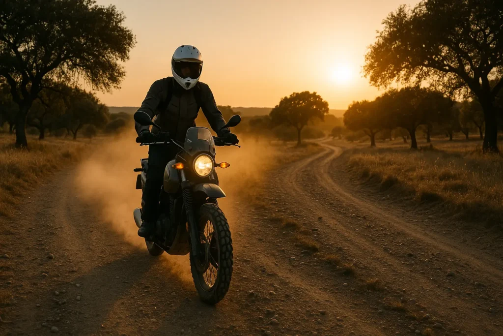Tu primera ruta trail. Moto trail en pista de tierra al atardecer, piloto con casco avanzando por un camino polvoriento entre árboles.