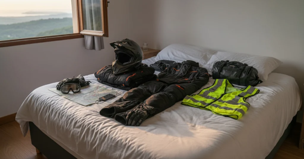 Equipamiento de moto trail sobre una cama blanca, con casco, chaqueta, pantalón, guantes, chaleco reflectante, mapa y teléfono para la ruta trail iniciación Alella Teià Vallromanes.