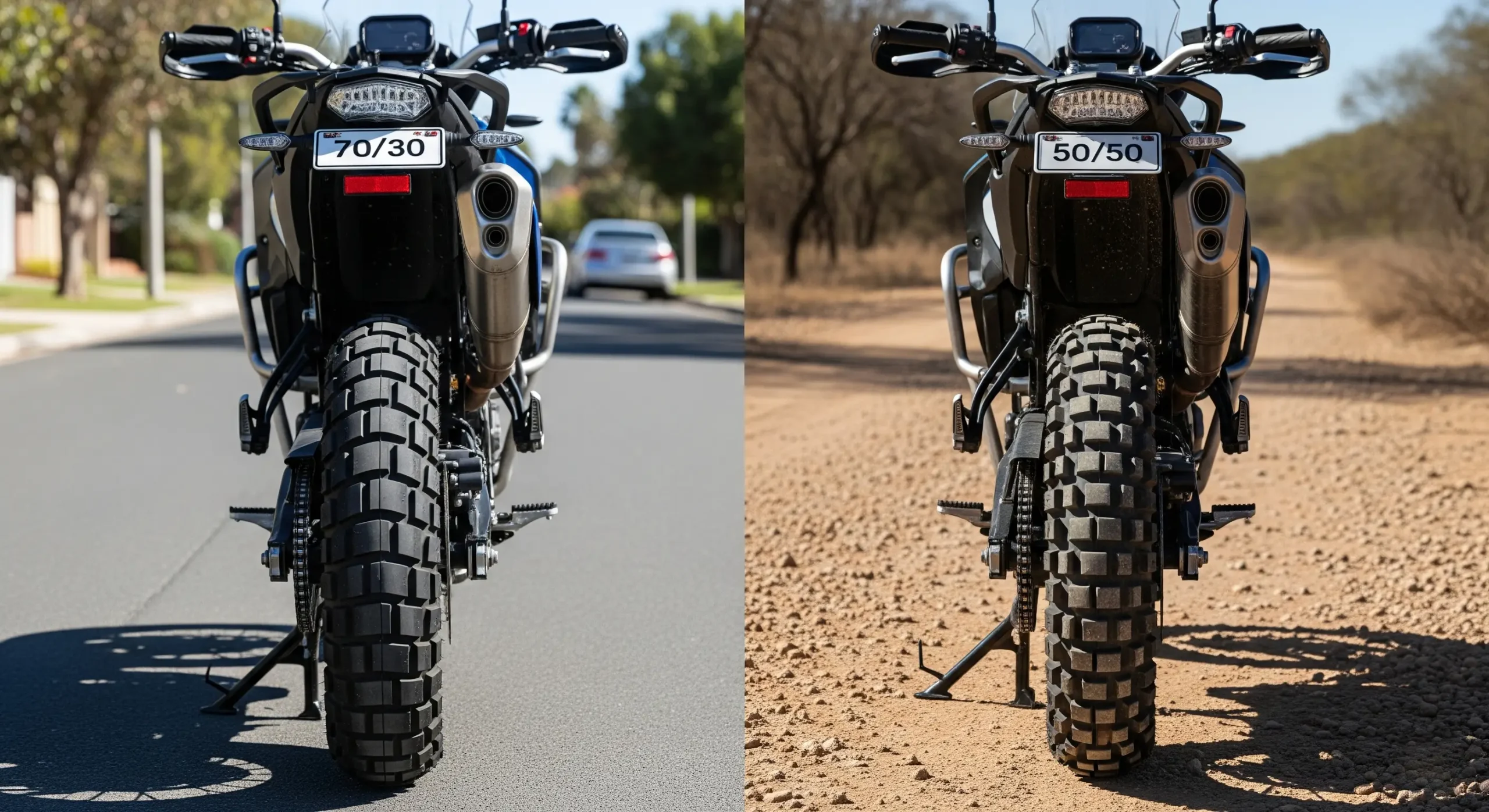 Comparativa neumáticos trail 70/30 vs 50/50: rueda trasera 70/30 en asfalto (izquierda) y 50/50 en pista de grava (derecha).
