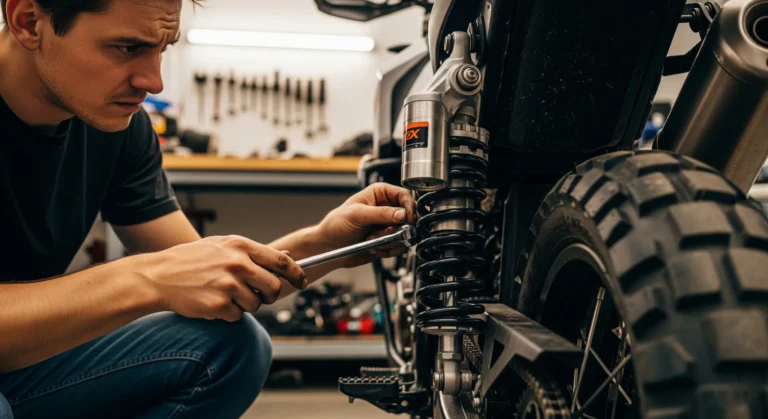 Ajuste de suspensiones en moto trail: persona regula la precarga del amortiguador trasero con una llave en el taller.