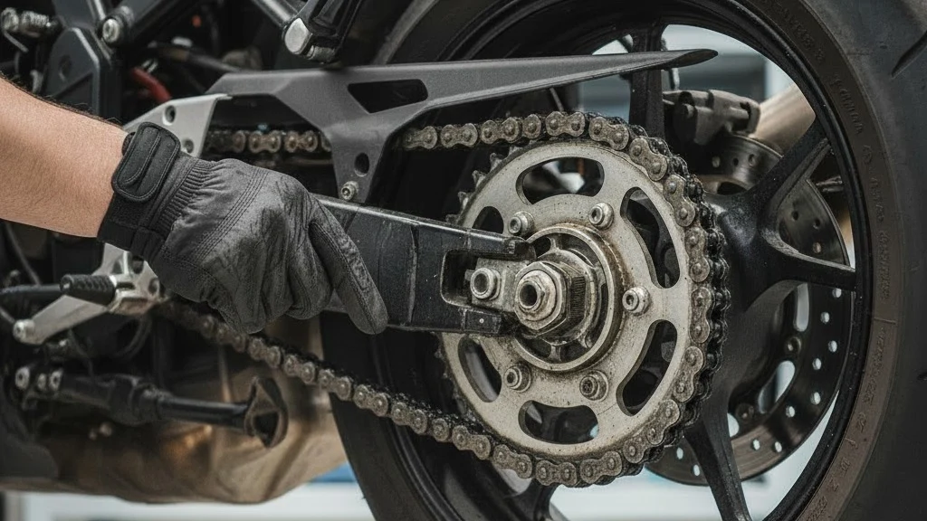 Desengrasado de cadena en caballete, con guantes.