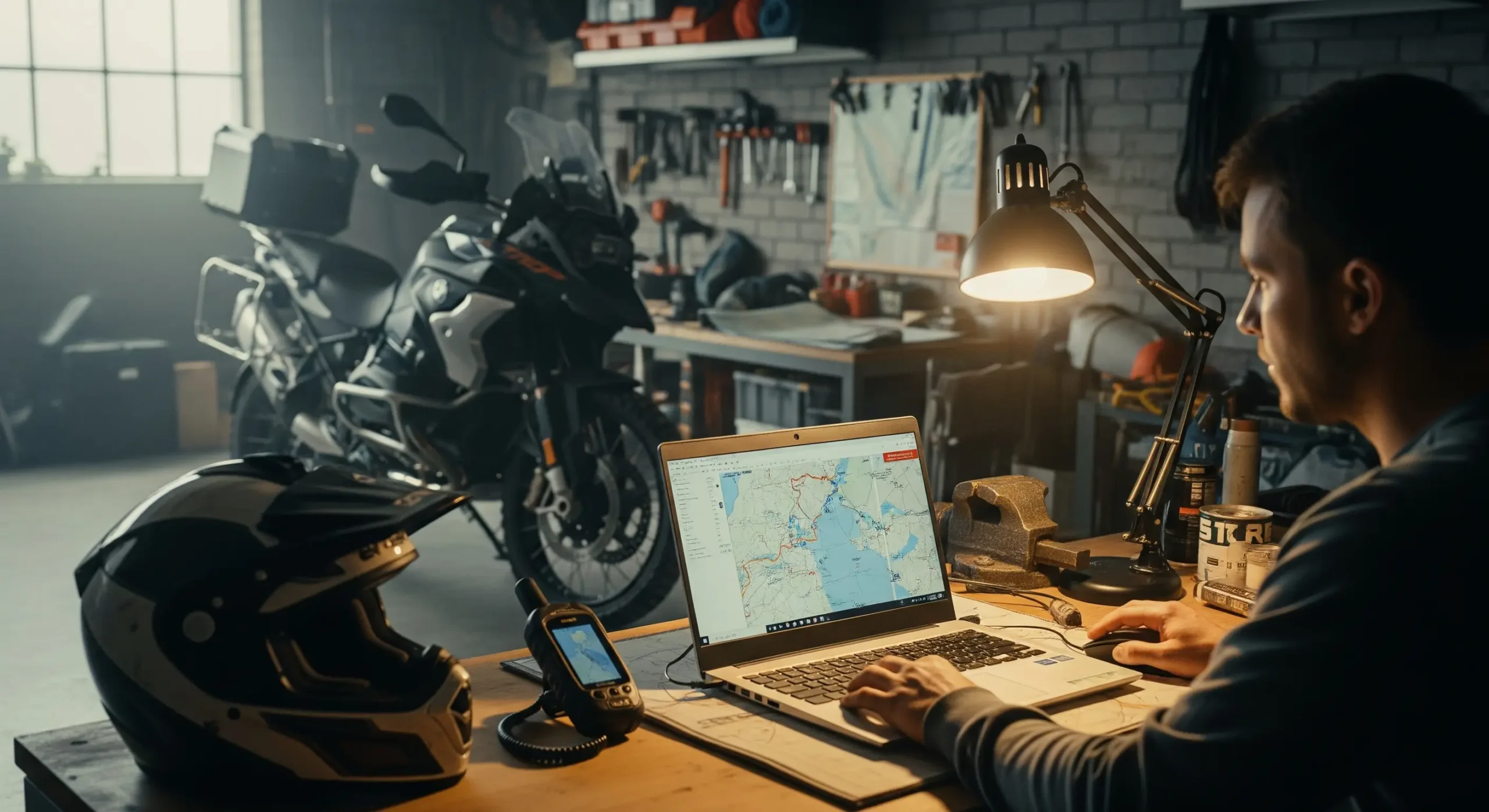 Cómo seguir un track GPX en moto (trail) paso a paso Persona planificando un track GPX en un portátil; GPS y casco en la mesa; moto trail en taller.