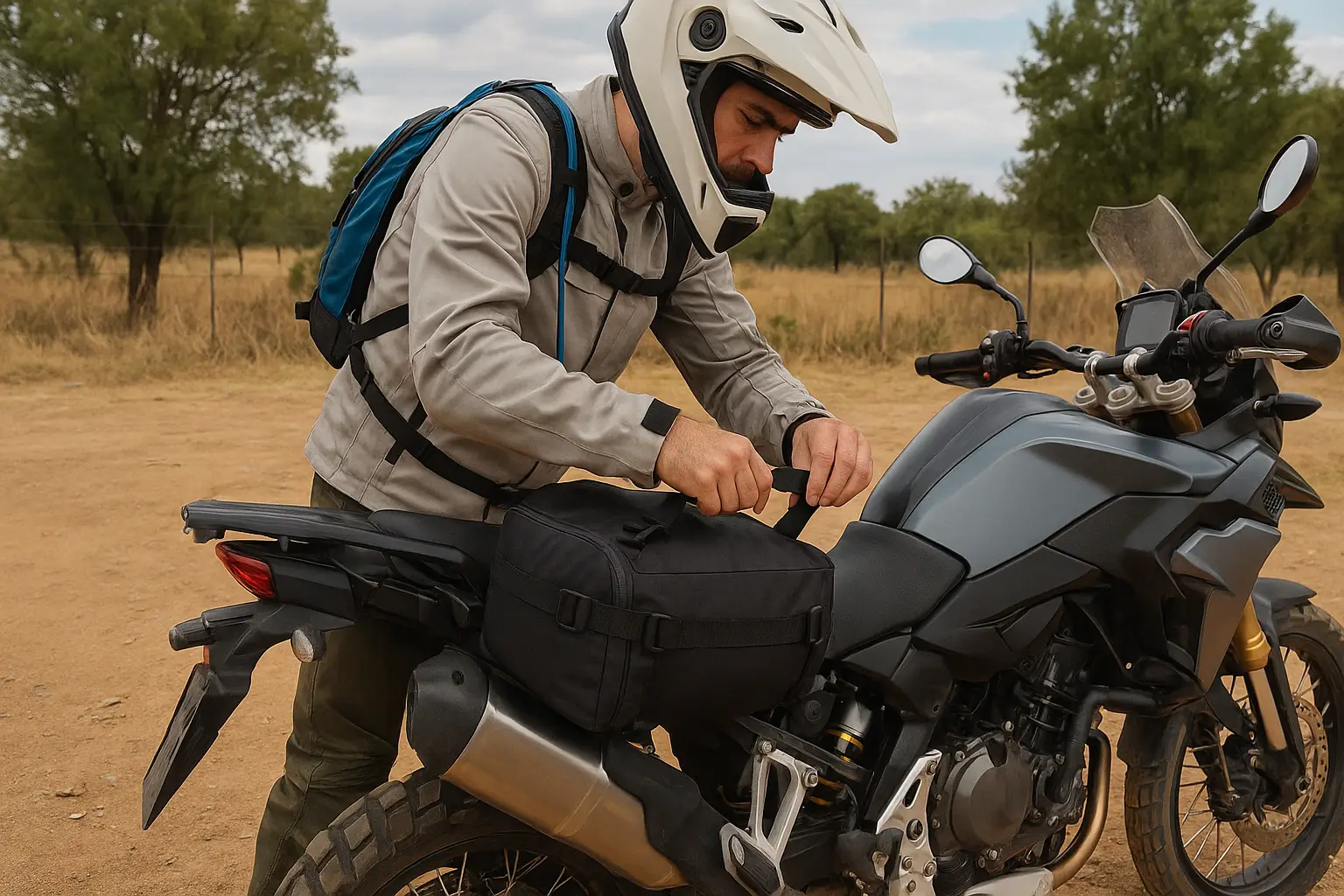 Tu primera ruta trail en 48 horas Motorista asegurando una bolsa trasera (alforja blanda) en una moto trail, con casco blanco y mochila de hidratación, antes de salir.