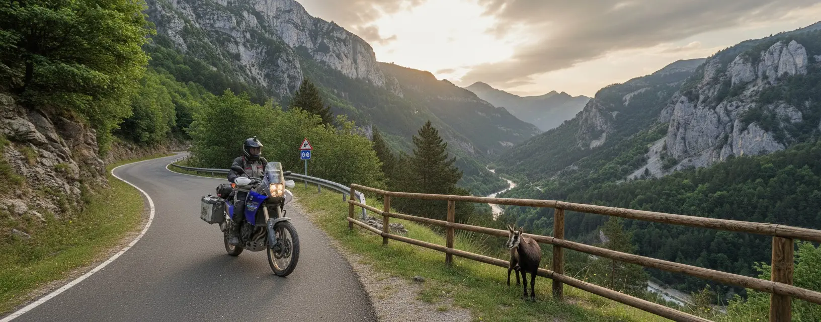 Ruta motera en Pirineos: Transpirenaica francesa en 7 días (guía) Ruta motera por los Pirineos en Ténéré 700: motorista en carretera de montaña al atardecer, valle al fondo y fauna junto a la valla.