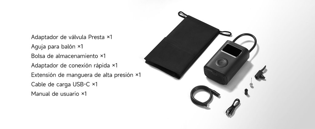 Inflador portátil Xiaomi 2 Pro para moto trail con sus accesorios y bolsa